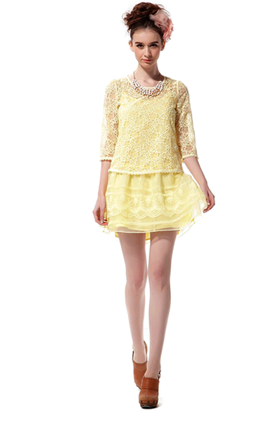 Yellow Chiffon Lace Short Dress